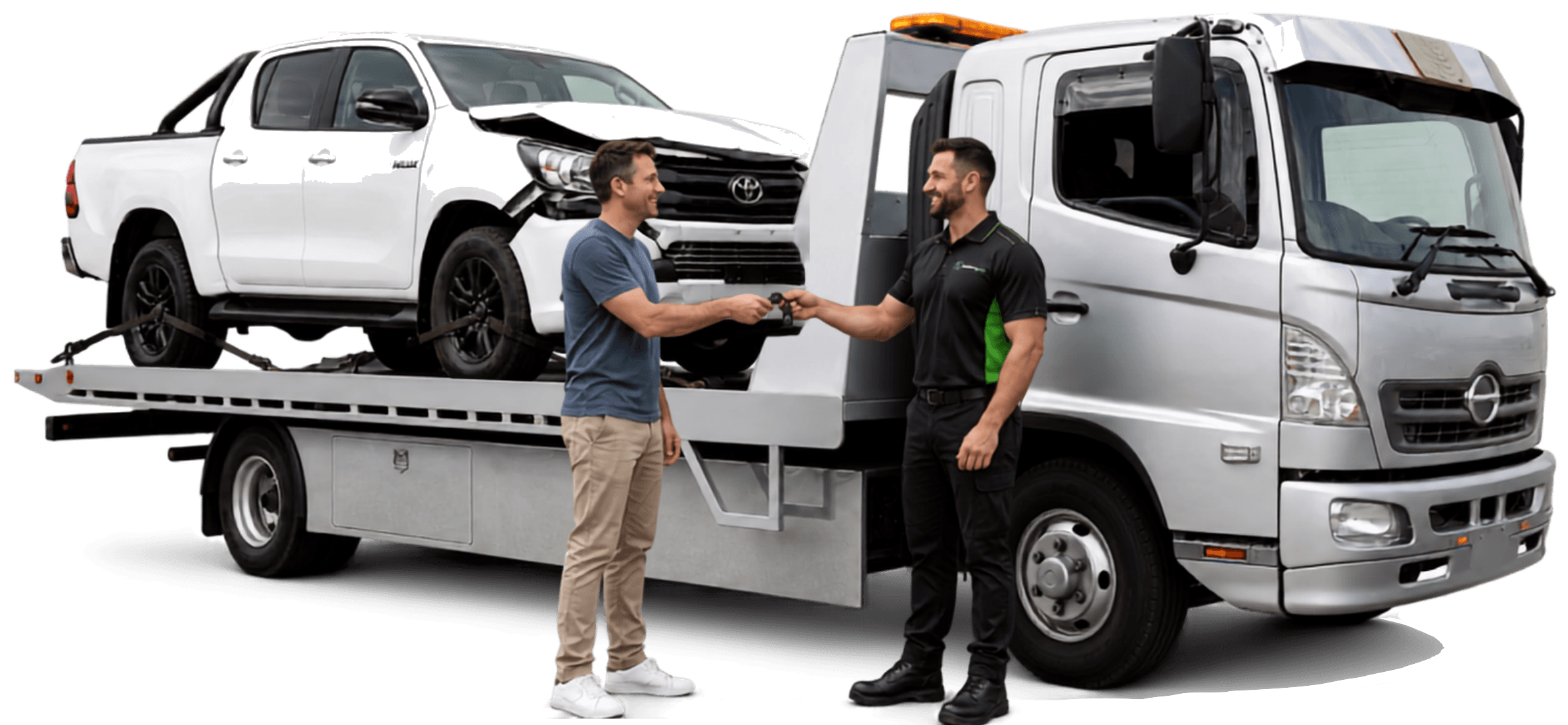CashMyCar rep taking car keys from a customer beside a flatbed tow truck carrying a damaged ute