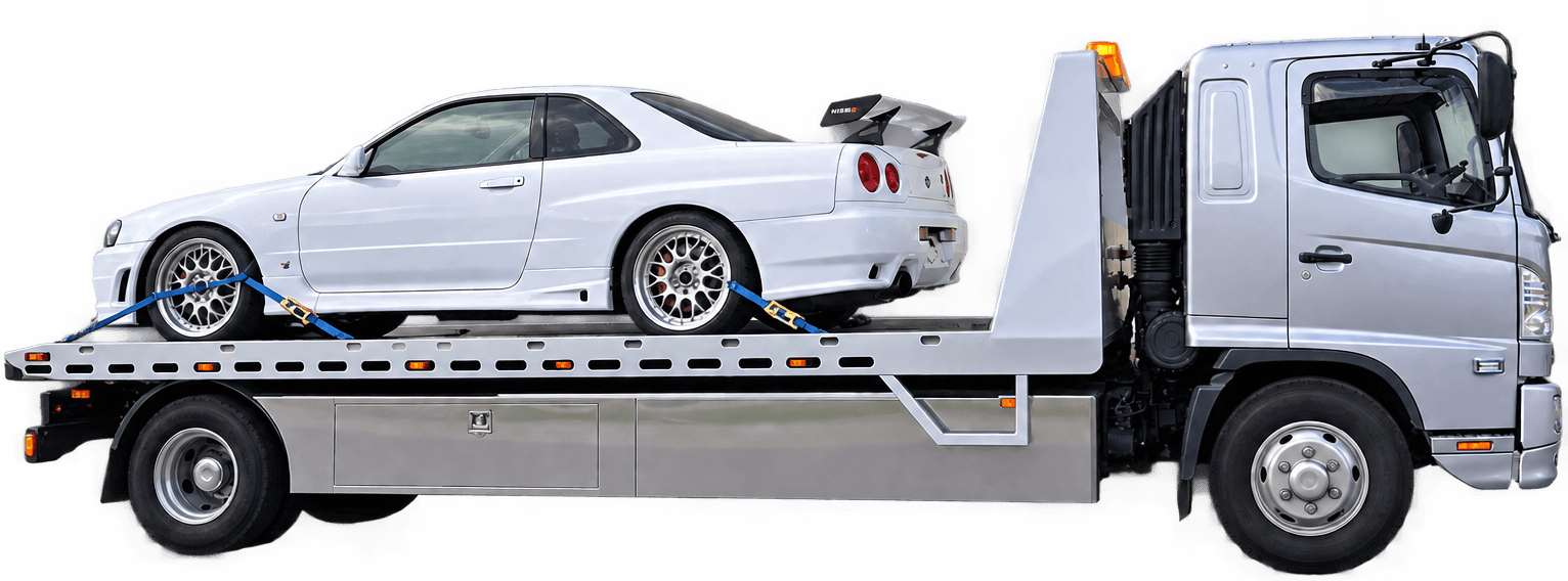 CashMyCar flatbed truck carrying a sold car for collection